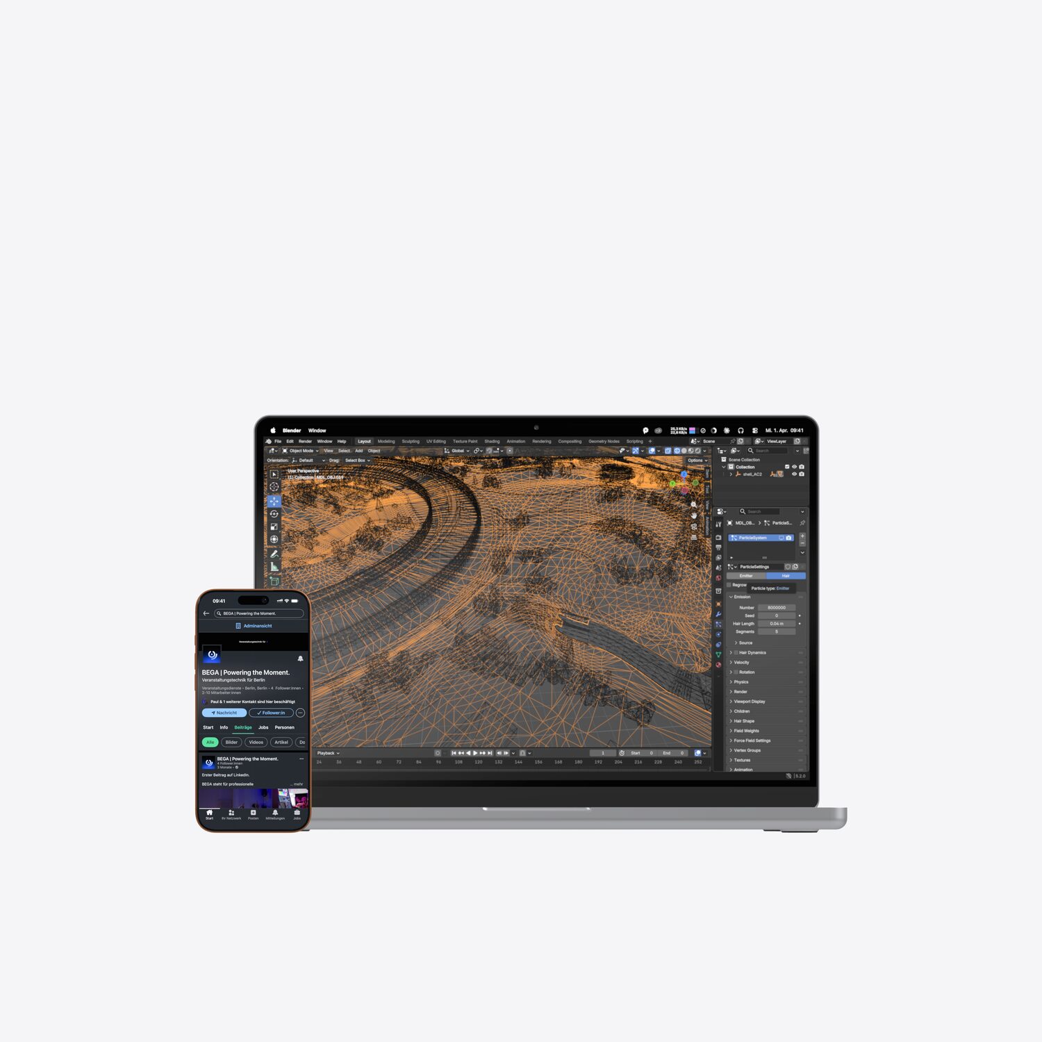 MacBook mit einer Drahtgitter-Szene in Blender, davor ein iPhone mit der LinkedIn-Seite von BEGA